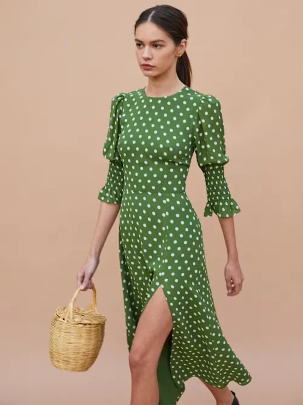 Reformation Green Polka Dot Midi Dress